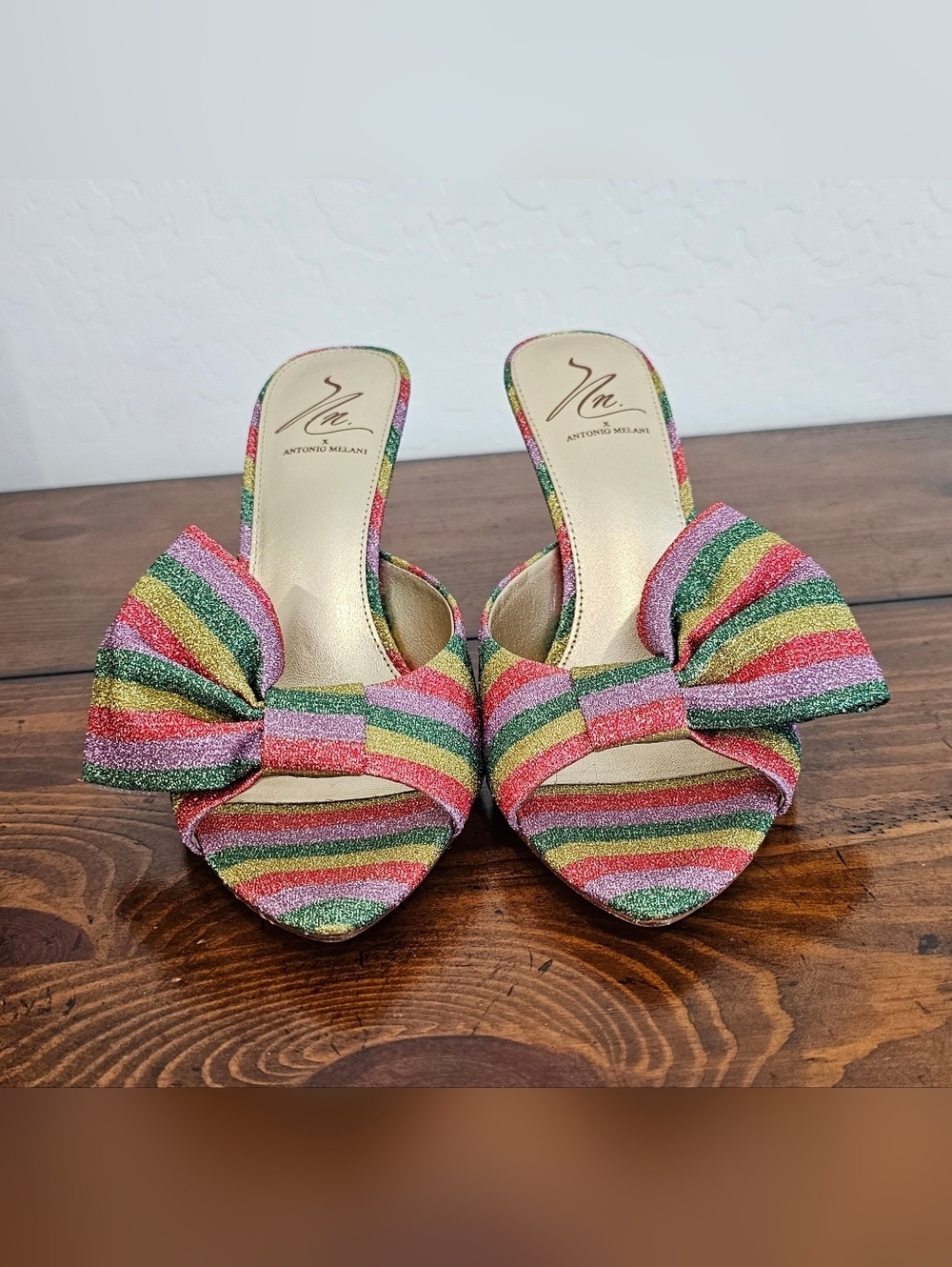Antonio Melani Rainbow Metallic Glitter Striped Bow Slide heels Women's Sz 6